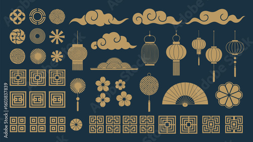 Chinese Oriental Decorative Elements – Gold Patterns, Lanterns, Floral Motifs, Clouds, and Traditional Asian Ornaments Vector Set for New Year and Festive Celebration Designs.


