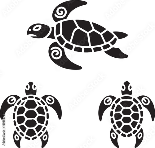 Tribal Sea Turtle Vector Icons – Nautical Spirit Animal with Bold Black Silhouette and Ethnic Motifs