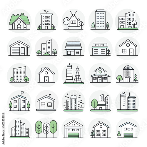Minimal line icons of various buildings and trees house
