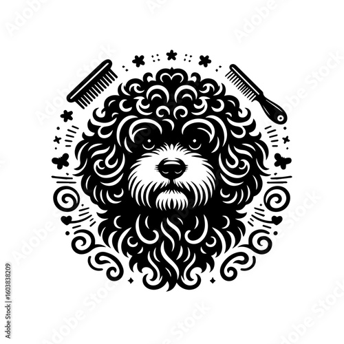 Poodle with grooming tools in black and white vector illustration