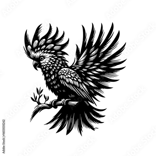 A detailed cockatoo perched on a branch in vector illustration