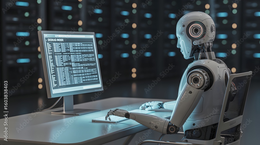 Fototapeta premium Humanoid robot sits at a desk and types on a computer keyboard artificial intelligence technology