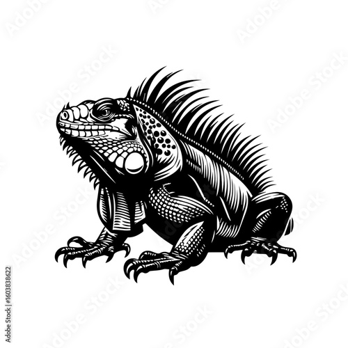 Detailed black and white illustration of an iguana reptile