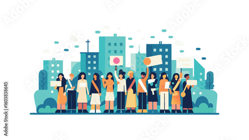 Flat vector illustration of diverse women marching with protest signs, city background, International Women’s Day and female solidarity concept