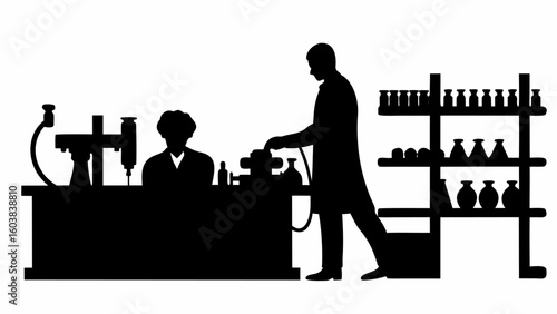 Silhouette of two scientists working in a lab with equipment and shelves filled with bottles and beakers