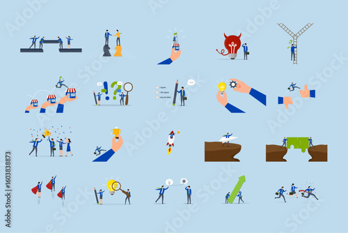 Business illustrations set. compilation of footage showcasing men and women engaging in professional tasks.