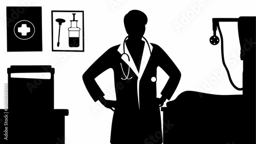 Silhouette of a doctor with stethoscope in a medical setting with equipment and medical supplies visible