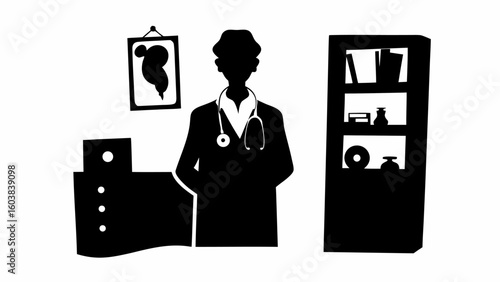 Silhouette of a doctor with stethoscope in an office setting with desk and bookshelf illustration