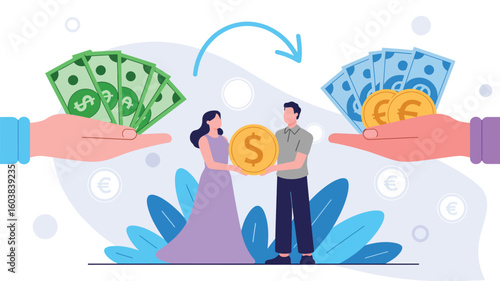 currency exchange concept with hands swapping dollars and euros, central characters holding large coin and arrow showing financial transfer on white