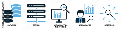 Set data analysis icon vector. Perfect for representing comprehensive data interpretation, statistical tools, or analytical processes.