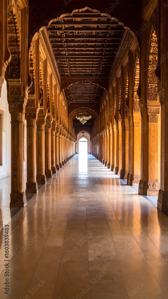 Obraz premium Sunlight-filled palace hallway