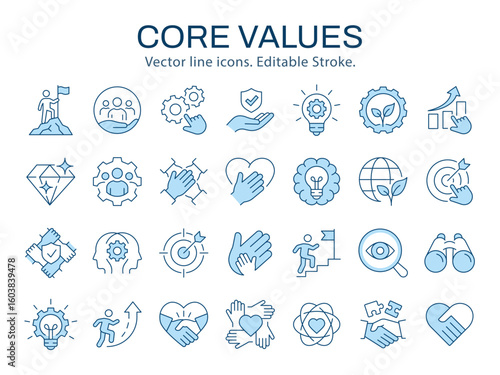 Core value icons such as trust, handshake, company, mission and more. illustration isolated on white. Editable stroke.