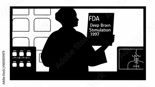 Silhouette of a person holding a document about fda deep brain stimulation with medical equipment around