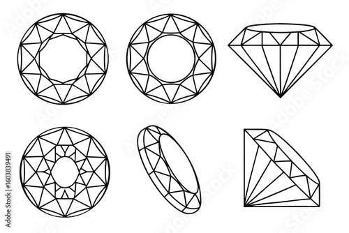Detailed Diamond Cut Illustration Set for Jewelers and Designers High Precision Diamond Design Diagram Six Views