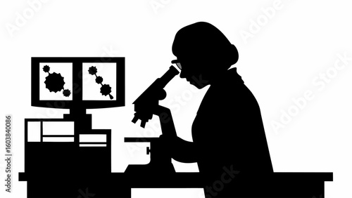 Silhouette of a scientist using a microscope next to a computer displaying molecule structures in lab setting