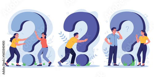 people interacting with giant question marks, teamwork and curiosity concept illustration symbolizing inquiry, problem solving and exploration