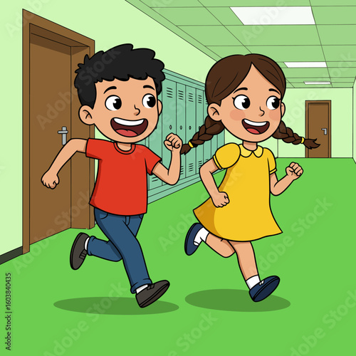 Two cartoon kids gleefully run down a school hallway