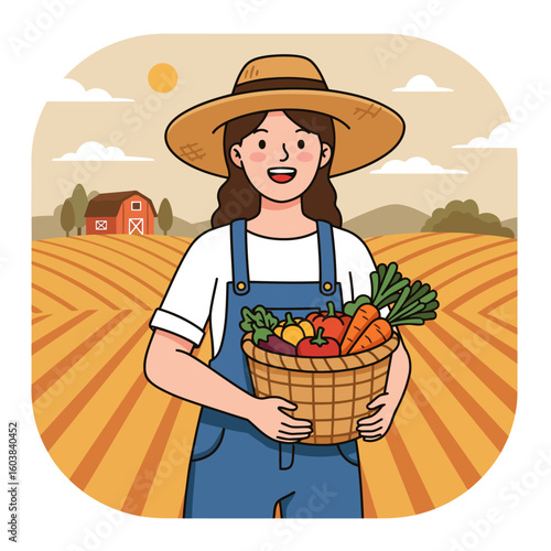 Woman farmer with straw hat  overalls holds basket of vegetables in field with barn  sun