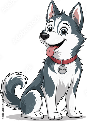 Cartoon husky dog wearing red collar with name tag, sitting happily, tongue out, friendly expression, isolated on white background, vector