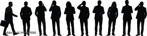 Business professionals talking on mobile phones, CAD vector silhouettes in suits, communication posture set, office routine sketch, walking briefcase icon