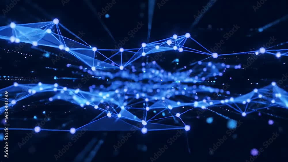 Seamless loop animation flying through a futuristic blue digital plexus network representing data flow and global communication technology
