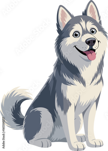Cute cartoon husky dog sitting happily with tongue out, friendly expression, fluffy fur, isolated on white background, vector illustration