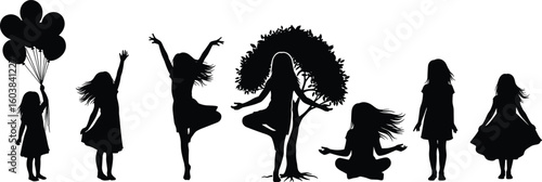 Silhouettes of girls in playful and peaceful poses, CAD vector set, yoga, balloons, meditation sketch, outdoor lifestyle illustration