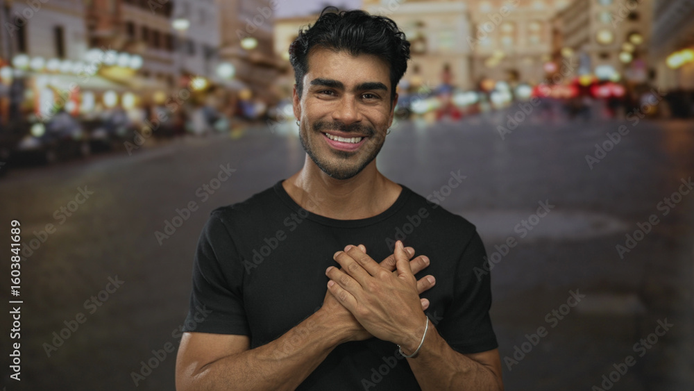 Φωτογραφία Hispanic man wearing black shirt clasping chest in front of crowded city street at dusk; sincerity trust gratitude