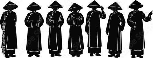 Cad drawing flat vector illustration of traditional conical hat silhouettes in cultural poses, ideal for heritage, ceremony, history, costume design