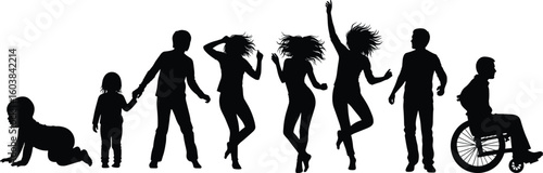 Cad drawing flat vector illustration of human silhouettes showing life stages, diversity, motion, parenting, disability inclusion, ideal for concept design