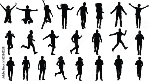 Cad drawing flat vector illustration of dynamic people silhouettes in action poses, ideal for motion studies, animation, movement design concepts