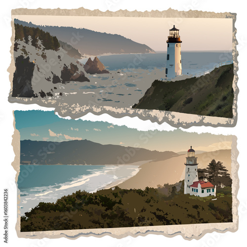Torn Paper Lighthouse Scenes: Coastal Landscape Illustrations, Ripped Edge Design