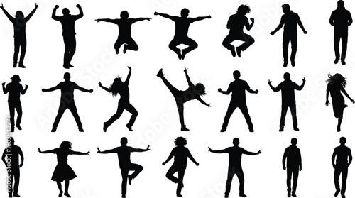 Cad drawing flat vector illustration of diverse human silhouettes in dynamic poses, ideal for lifestyle, motion, activity, design concepts