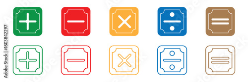 set of plus and minus symbols in circular and square shapes, positive and negative signs, vector black and white icons, geometric symbols for math.   Plus, minus, multiply, divide icon vector set 
