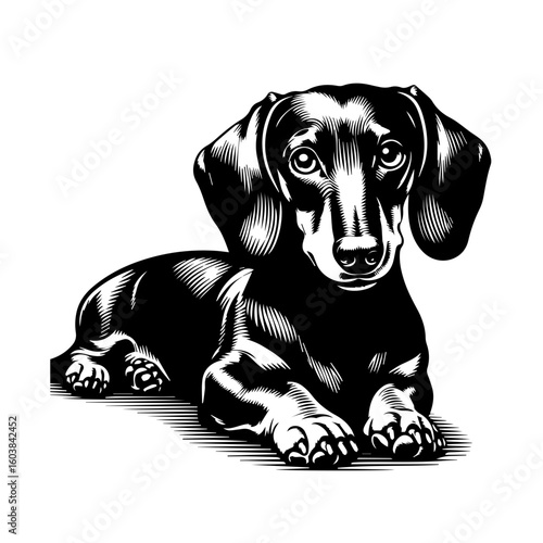 Black and white illustration of a dachshund dog lying down
