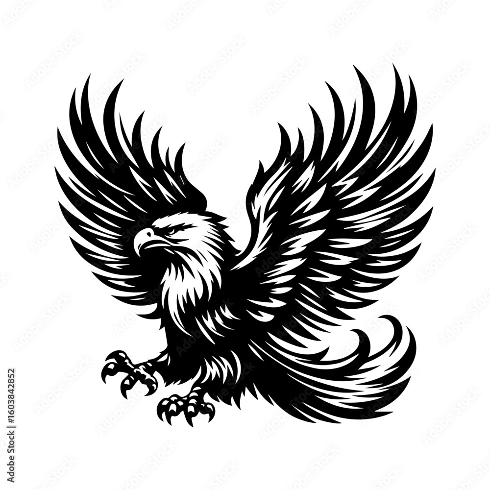 Fototapeta premium A black and white vector illustration of an eagle with spread wings