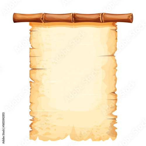 Bamboo frame with old parchment paper decorated with rope isolated on white background. Game ui board, sign