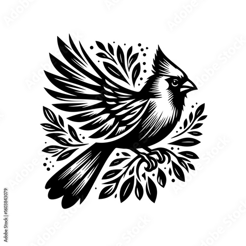 A black and white illustration of a cardinal bird with leaves