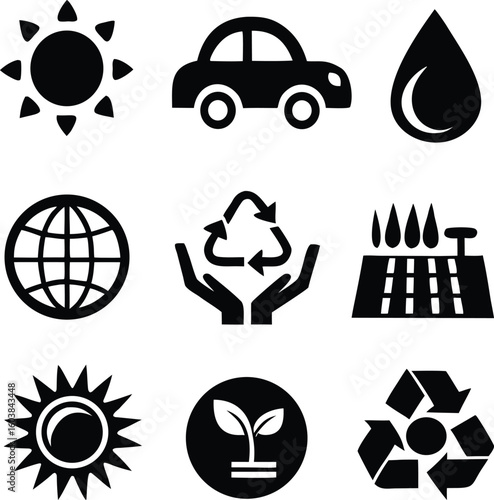 Collection of environmental and sustainability icons for eco friendly concepts.