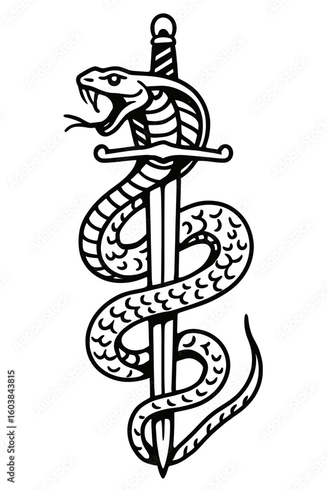 Fototapeta premium Cobra Snake Coiled Around a Sword Vector Emblem - Dynamic Symbol of Power and Danger