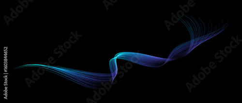 Vector abstract brush stroke wavy lines flowing smooth curve blue green light gradient isolated on black background in concept of technology, science, music, modern.