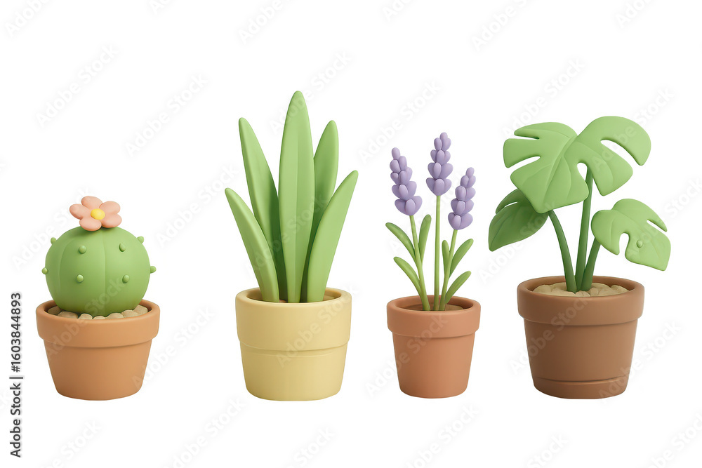 Fototapeta premium Cute 3D Potted Plants: Cactus, Succulent, Lavender, Monstera on Transparent Background