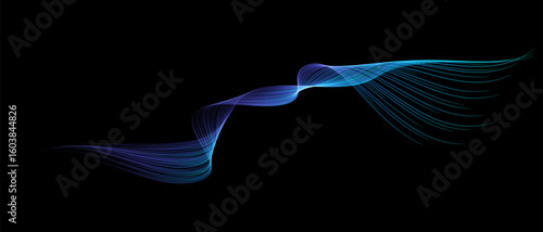 Vector abstract brush stroke wavy lines flowing smooth curve blue green light gradient isolated on black background in concept of technology, science, music, modern.