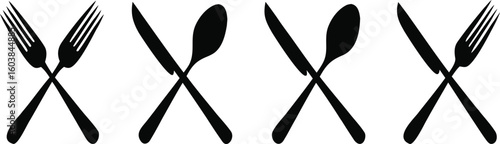 Four sets of crossed silverware illustrating dining and eating.