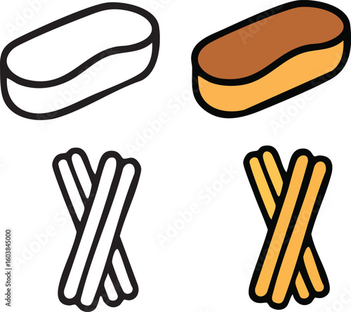 Two sets of pastry and snack icons, one of an éclair and one of breadsticks, shown in both line art and colored styles.