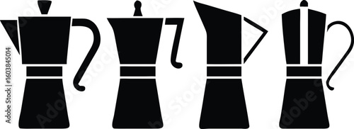 Four silhouettes of classic italian moka pot coffee makers.