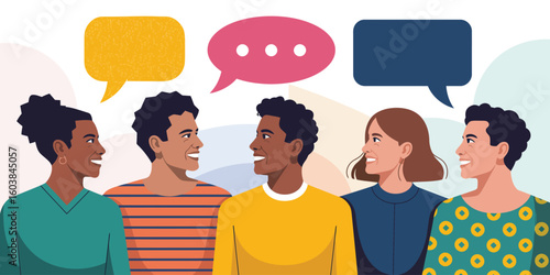 Printgroup of five diverse people having conversation with colorful speech bubbles, communication and teamwork concept illustration on white background