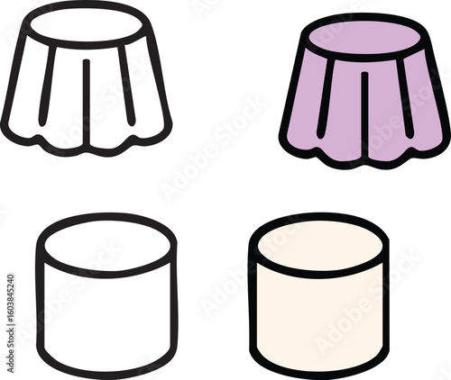 A set of four simple dessert icons, featuring fluted jelly and cylindrical marshmallow in outline and colored versions.
