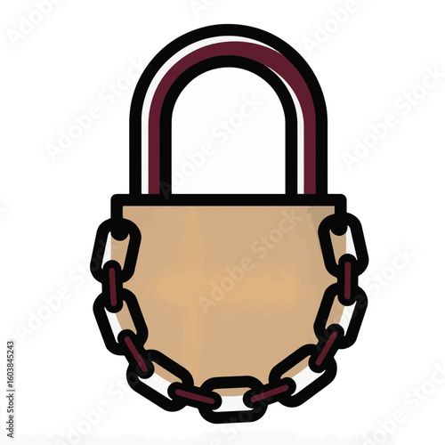 Lock with chain silhouette in burgundy and sand colors, security concept