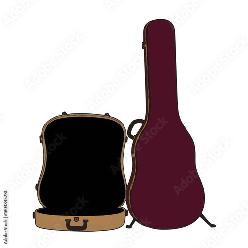 Guitar case silhouette in burgundy and sand tones, musical artistry